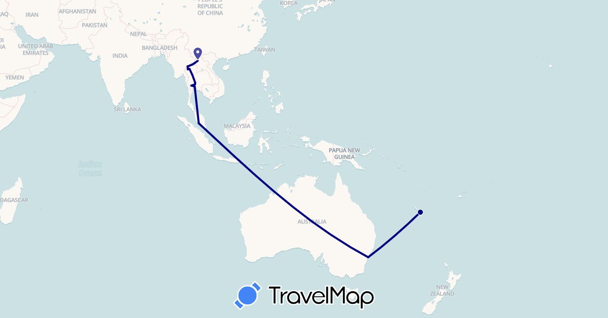 TravelMap itinerary: driving in Australia, Laos, Malaysia, New Caledonia, Thailand (Asia, Oceania)